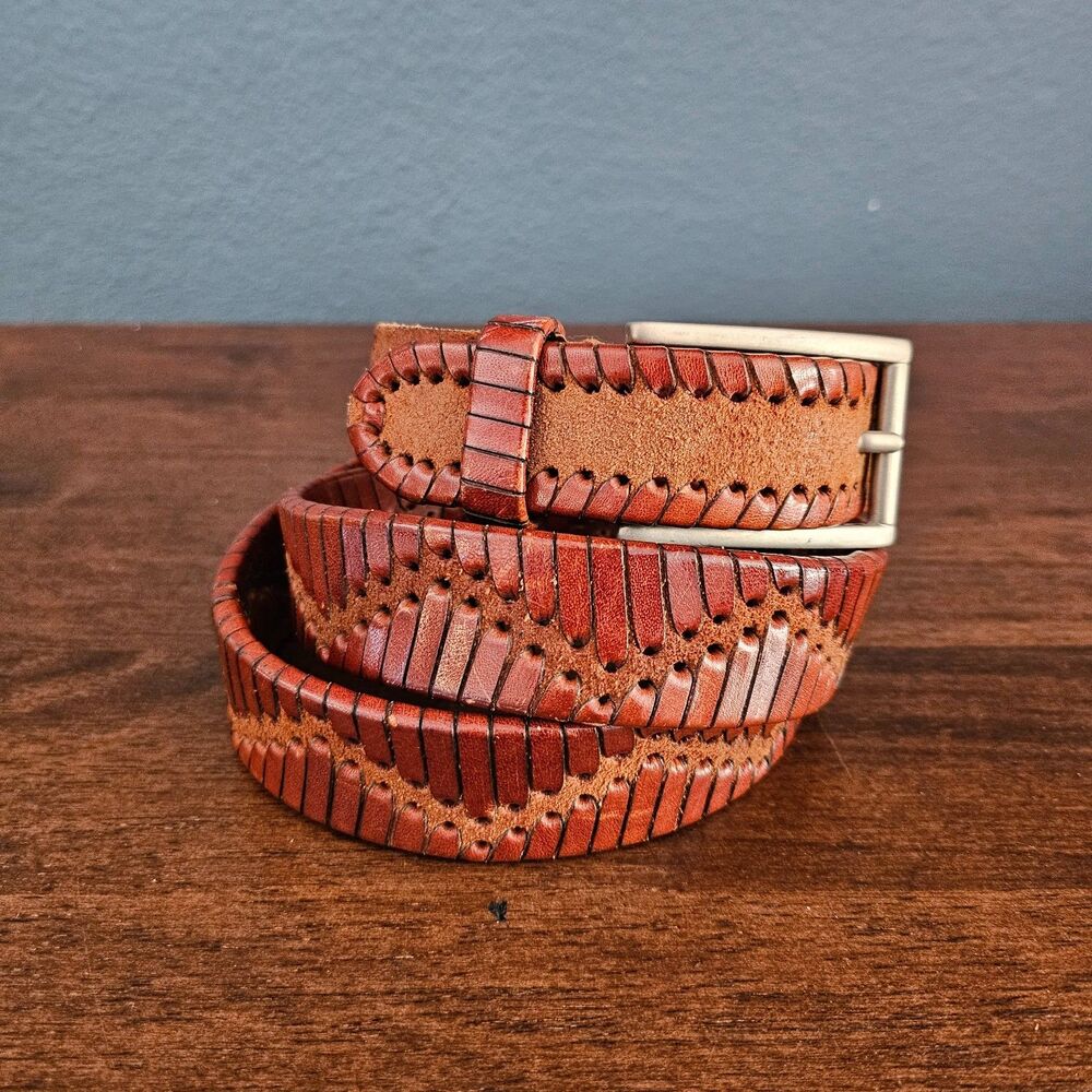 Hand Tooled Weaved Silver Buckle Western Brown Leather Belt Men's 34-36 Turkey